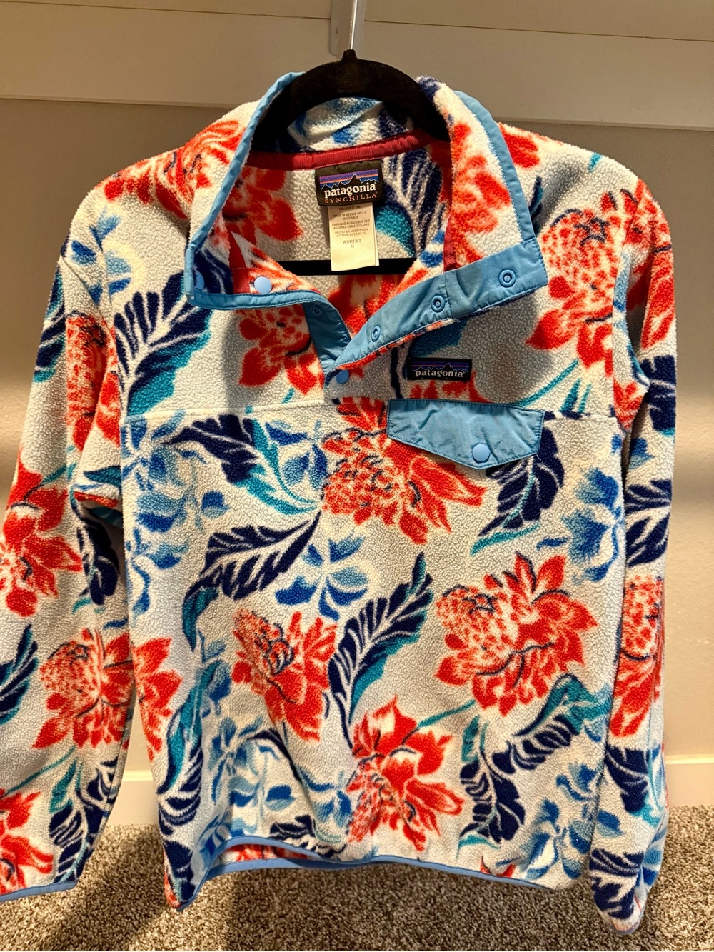 Patagonia Floral Snap-T Fleece Pullover - Coral, Navy & Aqua